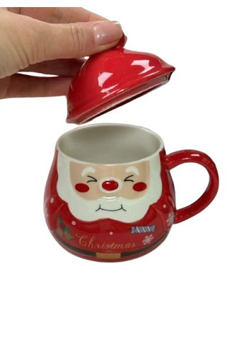 Новорічна кружка керамічна Різдвяний помпон з кришкою 350 мл Червоний Olens (363831126)