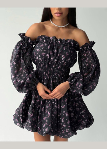 Темно-синя синя літня сукня в квітковому принті з якісного софту з довгим рукавом, вечірня коротка сукня з відкритим декольте No Brand