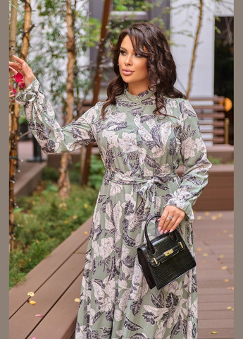 Оливковое (хаки) кэжуал платье 8636/1 в хаке цвете с супер-мягкой тканью (принт) и поясом: стильное, комфортное и универсальное 54 Sofia
