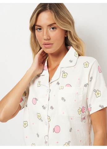 Молочная всесезон женская лёгкая пижама с кроликами и цветочками, молочный, No Brand