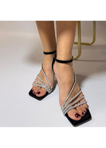 Черные женские босоножки праздничные с камнями ткань (оксамит) 8 см No Brand со стразами