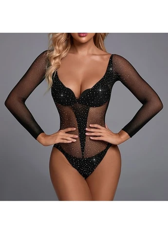 Черный демисезонный сексуальное боди bedtime long sleeved stockings black CNT
