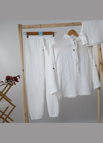 Білий літній мусліновий дитячий пляжний комплект (туніка з капюшоном + штани + шорти) білий No Brand