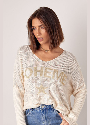 Молочный демисезонный вязаный женский пуловер с надписью boheme Lurex