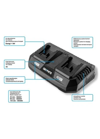 Зарядний пристрій для акумуляторів інструменту Energy+ 18V, 3А,0.74кг (58G085) Graphite Energy+ 18V, 3А, 0.74кг (391644502)