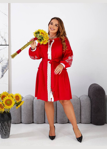 Красное повседневный, праздничный, вечернее вышитое платье клеш, а-силуэт Garna однотонное