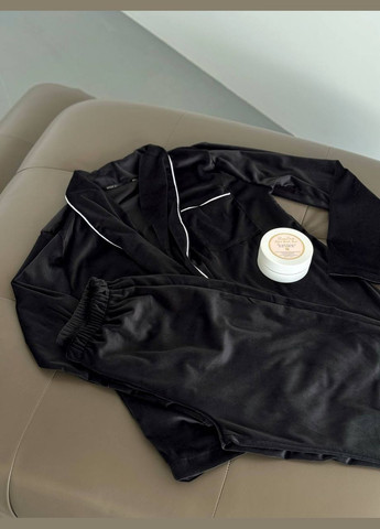 Чорна всесезон м'яка плюшева чорна піжама (укорочений халат на запах+штани клеш), приємна до тіла тепла і дуже комфортна піжама No Brand 848