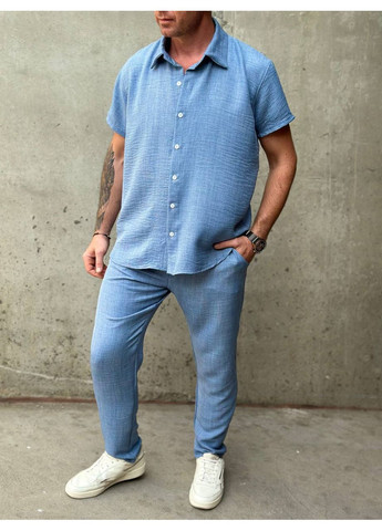 Голубой демисезонный "linen breeze" – мужской летний костюм из льна меланж с рубашкой DK/DL Мода без кордонів