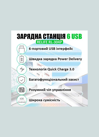Швидкий зарядний пристрій RL-304P / 4xUSB / 1xType-C PD3.0 / 1xUSB QC 3.0 / 40W Relife (317204204)