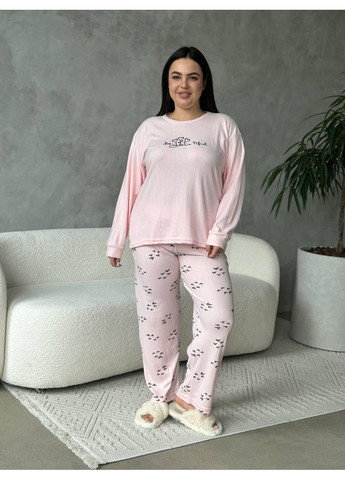 Рожева жіноча піжама plus size рожева, трикотажна, принт вії / домашній комплект великих розмірів, кофта + штани / піжама жіноча No Brand