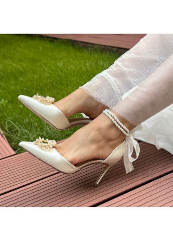 No Brand Женские туфли свадебные атласные и ремешком жемчуг и брошью 9 см белый з текстиль, — (351394257)
