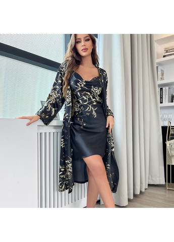 Чорний демісезонний атласний домашній комплект golden blossom - пеньюар з халатом блакитний флорал No Brand
