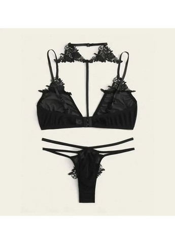Черный демисезонный черный кружевной комплект нижнего белья для секса с чокером. черное женское нижнее белье с лифчиком, трусиками и чокером China