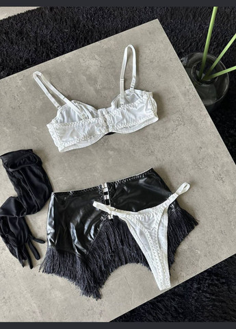 Черно-белый демисезонный пикантный соблазнительный комплект с бахромой No Brand