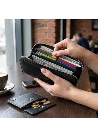 Вертикальный вместительный кошелек из кожи унисекс ST Leather Черный Верховинка 19300 (398293681)