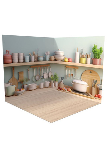 Вініловий фотофон 3D, кухня з посудом і полицями, підлога світле дерево і біле дерево, 60×60 см, №58325 PhotoVinyl (354371226)