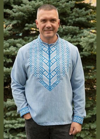 Блакитна чоловіча блакитна вишиванка із льону з геометричним орнаментом візерунок орнамент приталена, вільна, пряма льон (321967594)