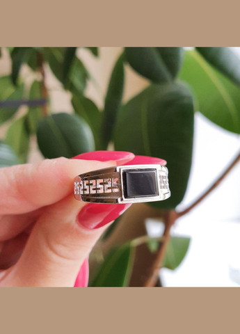 Кольцо серебряное мужское с геометрическим узором и черным ониксом. Каштан (342334745)