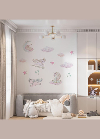 Вінілова інтер'єрна кольорова декор на стіну, шпалери та інші поверхні "Єдинороги та хмари" Кавун наклейка (316190330)