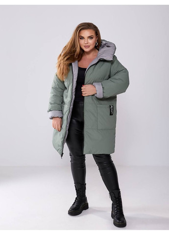 Оливкова зимня 🧥 куртка-пальто двостороння | плащівка лаке + монклер | розмірна сітка в описі DK/DL Мода без кордонів