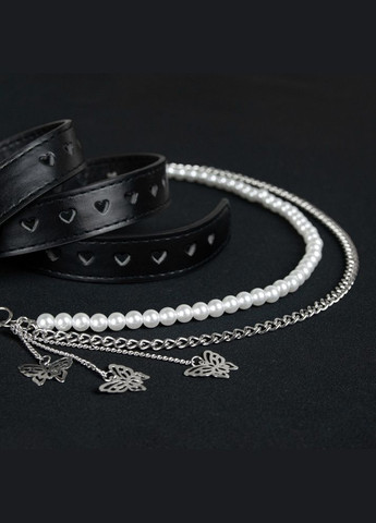 Ремень с пряжкой сердечко с подвесками из бабочек и жемчужин на пояс черный 90 см No Brand (333834854)