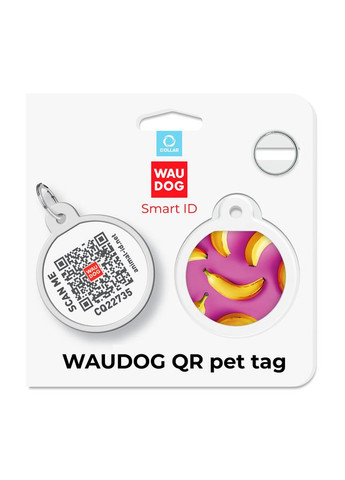 Адресник для собак и котов металлический Smart ID c QR паспортом, рисунок "Бананы на розовом", круг, Д 25 мм WAUDOG (330245263)