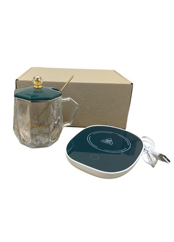 Кухоль скляний із кришкою і підставкою з підігрівом + ложка подарунковий набір зелений usb No Brand 6817 (292312689)