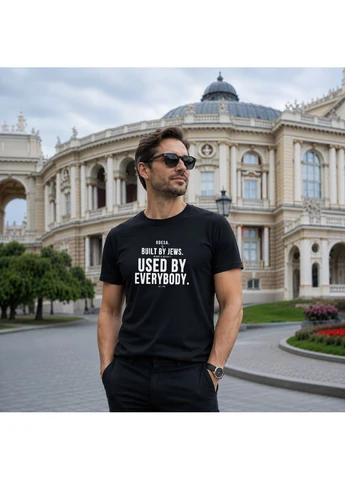 Черная футболка оверсайз с принтом "odesa. built by jews. used by everybody." из одессы с любовью (102862202233) с коротким рукавом ТiШОТКА