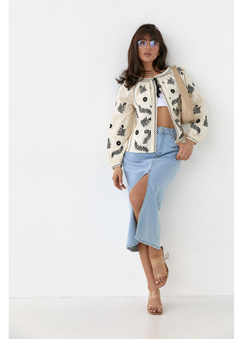 Бежевая хлопковая вышиванка-накидка с завязками ESQ свободная хлопок (354699918)