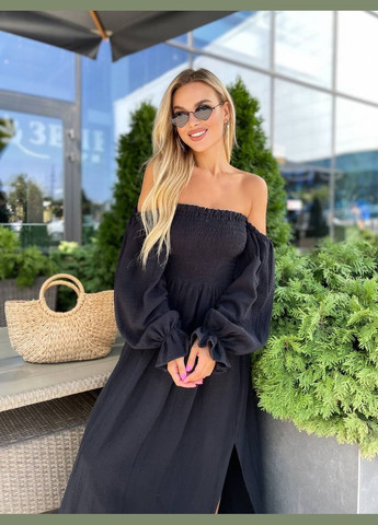 Черное повседневный, вечернее женское платье макси с разрезом с открытыми плечами Україна однотонное