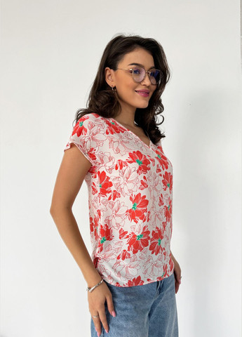 Коралова літня практична блуза прямого крою у квітковий принт INNOE Блузка
