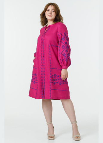 Бордова жіноча вишита сукня з льону з довгим рукавом та геометричним орнаментом краля, plus size., р., код 0467/48/688 ГАЛЕРЕЯ ЛЬОНУ