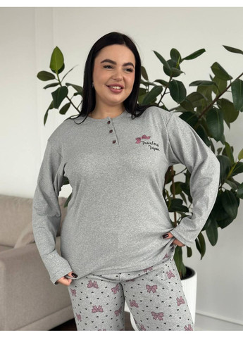 Сіра жіноча піжама plus size сіра з принтом бантиків / піжама жіноча великих розмірів сіра трикотажна бантики No Brand