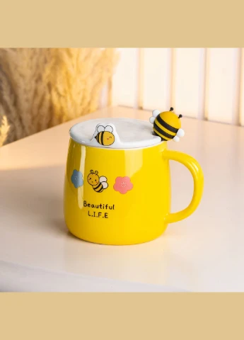 Чашка керамічна Bee 450 мл з кришкою та ложкою, beautiful life Happy Life (322289621)