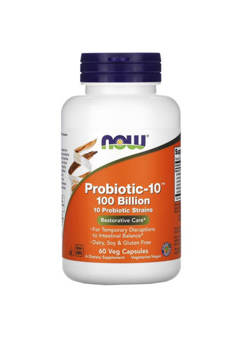 Пробиотики и пребиотики Probiotic-10 100 billion, 60 вегакапсул Now (294929779)