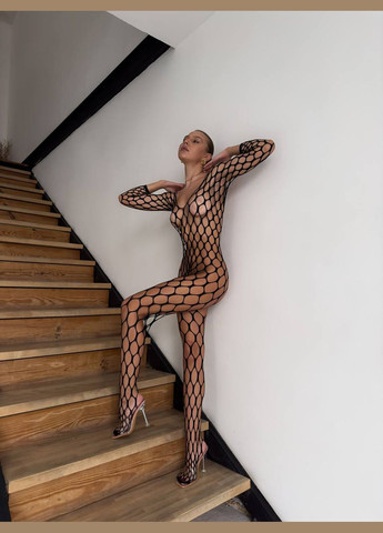 Черный демисезонный женский бодистокинг в сетку черный No Brand бодістокінг