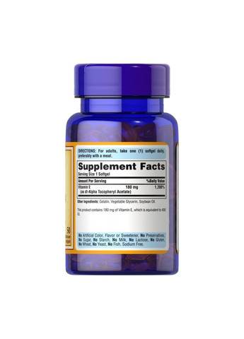 Vitamin E Puritan's Pride Вітамін Е-400 IU 50 капсул Puritans Pride (369621613)