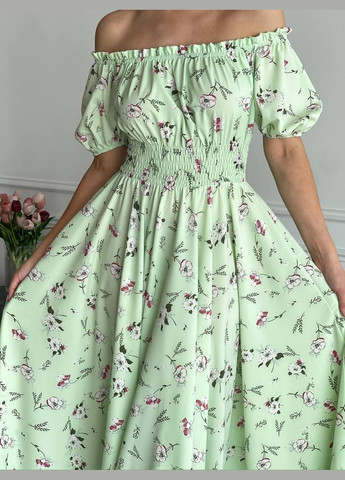 Фісташкова повсякденний, вечірня, кежуал жіноча сукня з відкритими плечима Style Point з квітковим принтом