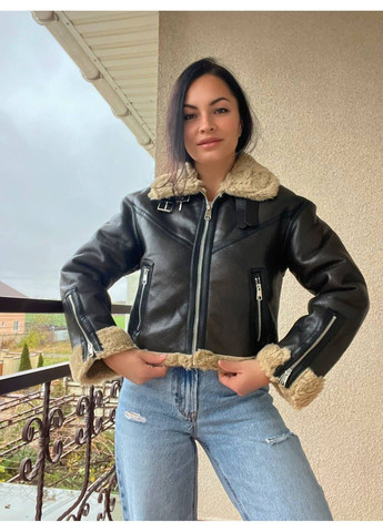 Дубленка женская 2407 короткая молния с мехом экозамш темно коричневая AFTF BASIC (311280506)