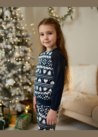 Темно-синяя всесезон детская пижама синего цвета новогодняя кофта брюки хлопчатобумажная tom john family look кофта + брюки Nicoletta