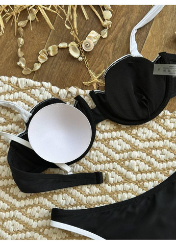 Чорний літній жіночий роздільний купальник з білими вставками, топ із фіксатором / жіночий стильний купальник чорно-білий з контрастними No Brand