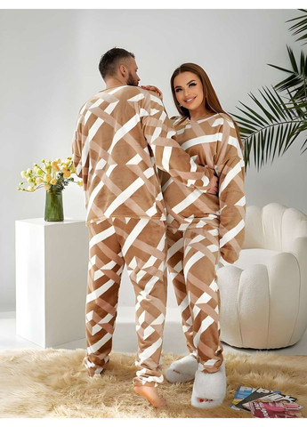 Бежева зимня унісекс чоловіча плюшева тепла зимова піжама без капюшона темно бежева жіноча Україна