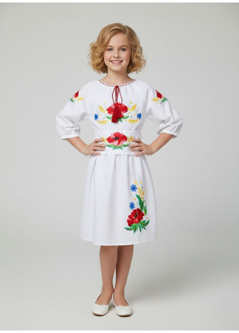 Белая белое вышитое платье для девочки мак-василёк НоКо узор орнамент полиэстер (370886113)