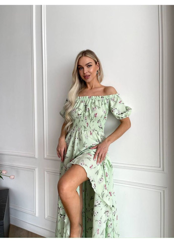 Фісташкова святковий, повсякденний, вечірня, пляжна, кежуал жіноча довга сукня з відкритими плечима Vakko з квітковим принтом