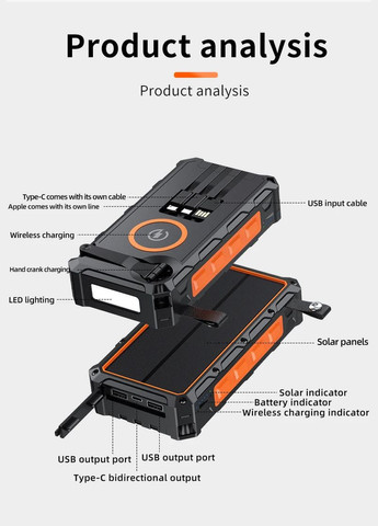 Солнечный повербанк-электрогенератор 30000 мАч с беспроводной зарядкой, динамо-машиной и защитой IP66 No Brand (314696000)