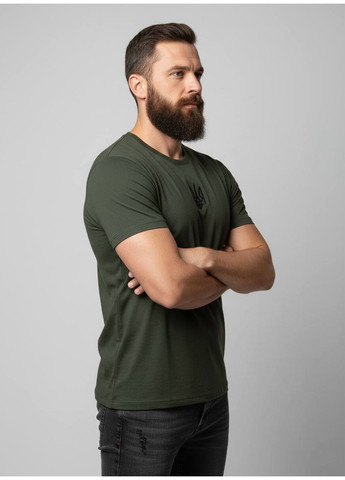 Зелена футболка чоловіча з вишитим тризубом зелена (хакі) — s, m, l MOTYV візерунок українська символіка бавовна (373348928)