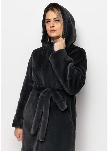 Пальто с капюшоном из экомеха 1062-1M-C Графитово лазурный/ Черный SAM S Samange (367724860)