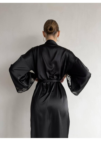 Халат шовковий довгий з мереживом / Халат атласний чорний з поясом і мереживними рукавами No Brand (366571591)