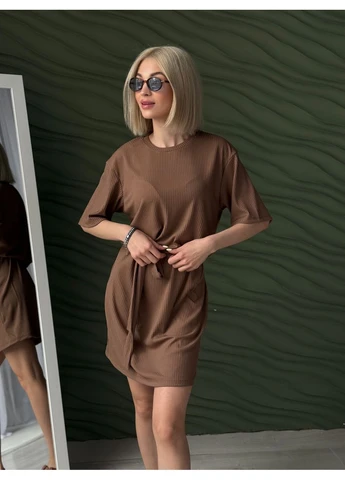 Кофейное летнее платье с поясом Fashion Girl