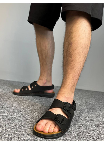 мужские сандалии кожаные черные с задником и пряжками bz10005 No Brand
